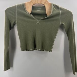 American Eagle Outfitters Olive Green Ribbed Long Sleeve V Neck Crop Top S P CH